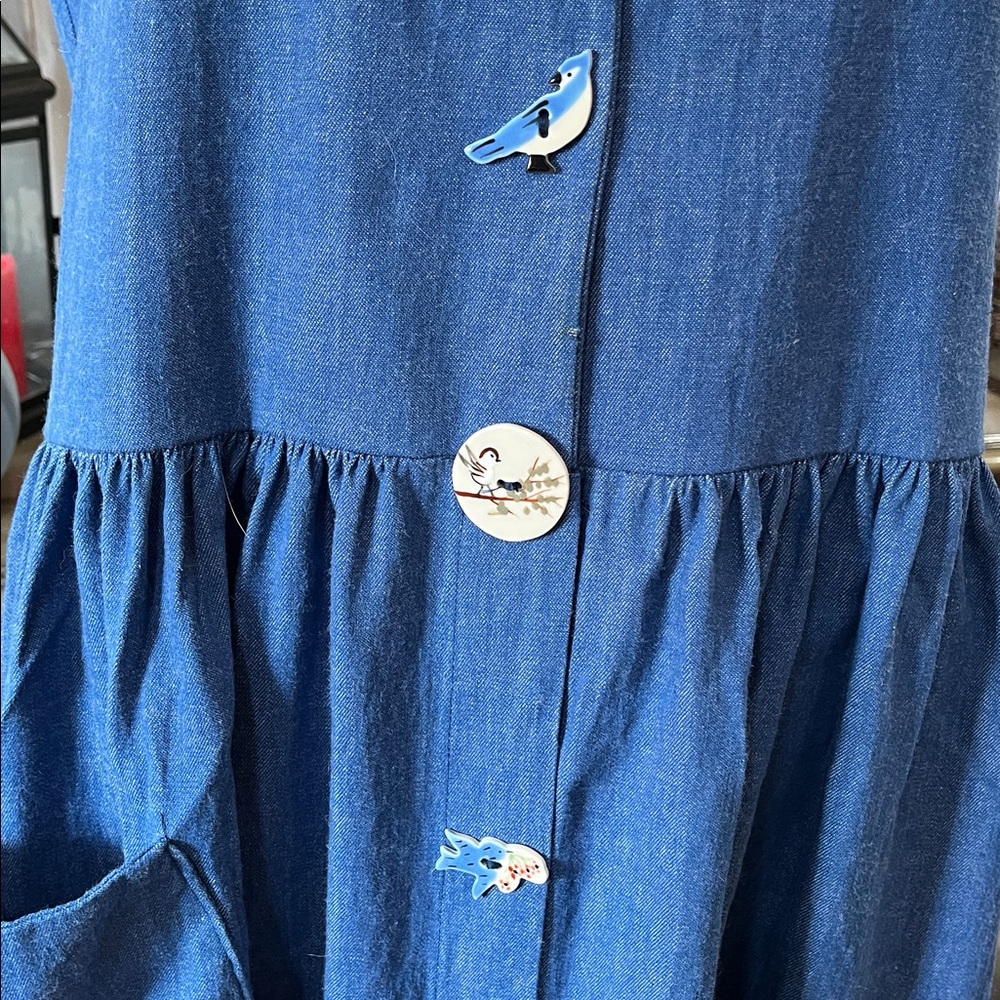 VINTAGE DOGWOOD LANE CHAMBRAY JUMPER DRESS WITH BIRD SHAPE BUTTONS BLUE SIZE L - Picture 6 of 13
